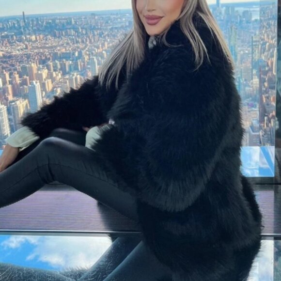 Lapel Neck Slant Pockets Faux fur Coat Black - Picture 3 of 8